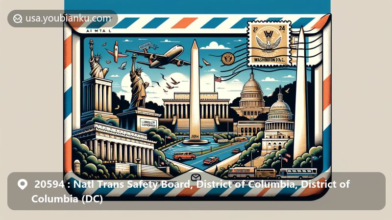 Modern illustration of Washington D.C. landmarks including Lincoln Memorial, Library of Congress, Vietnam Veterans Memorial, Korean War Veterans Memorial, and National Mall within a postal envelope theme with ZIP code 20594.