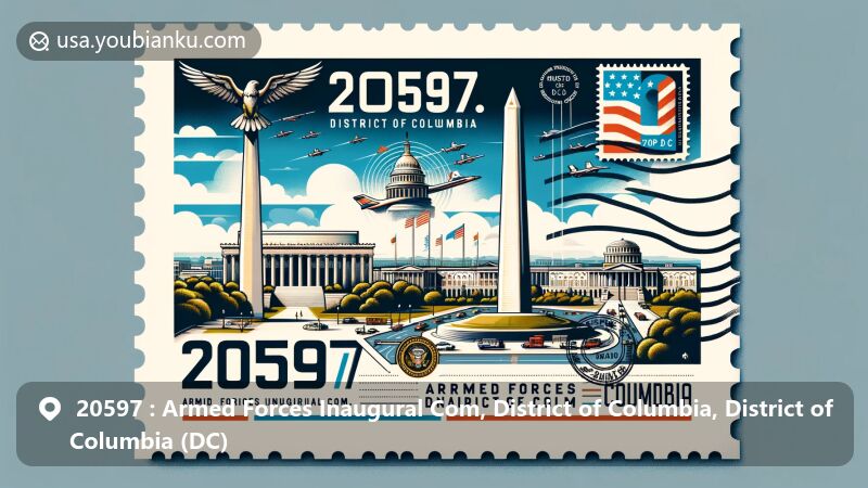 Modern illustration of the Armed Forces Inaugural Com in the District of Columbia, featuring iconic landmarks Washington Monument and the White House, with postal elements like a postage stamp and postmark for ZIP code 20597.