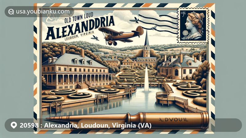 Modern illustration of Alexandria, Loudoun, Virginia, showcasing a unique postal theme with a blend of Old Town historic waterfront, Oatlands Historic House and Gardens, and Virginia's natural beauty.