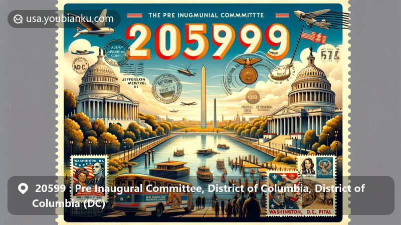 Modern illustration of Washington, D.C., showcasing 20599 ZIP code area with landmarks like Jefferson Memorial, National Mall, Washington Monument, and Capitol, along with Potomac River, vintage postal elements, inviting exploration of the city's cultural and political significance.