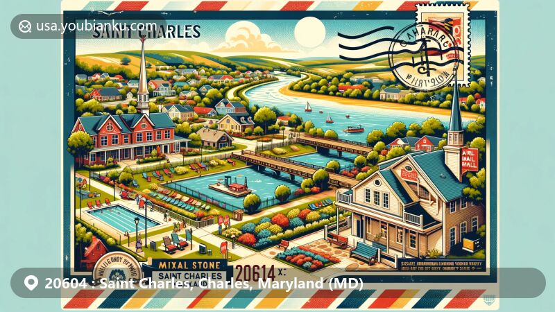 Modern illustration of Saint Charles area, Charles County, Maryland, featuring themed postal element with ZIP code 20604, integrating community amenities and hinting at Piscataway Conoy Tribe heritage and local historic sites.