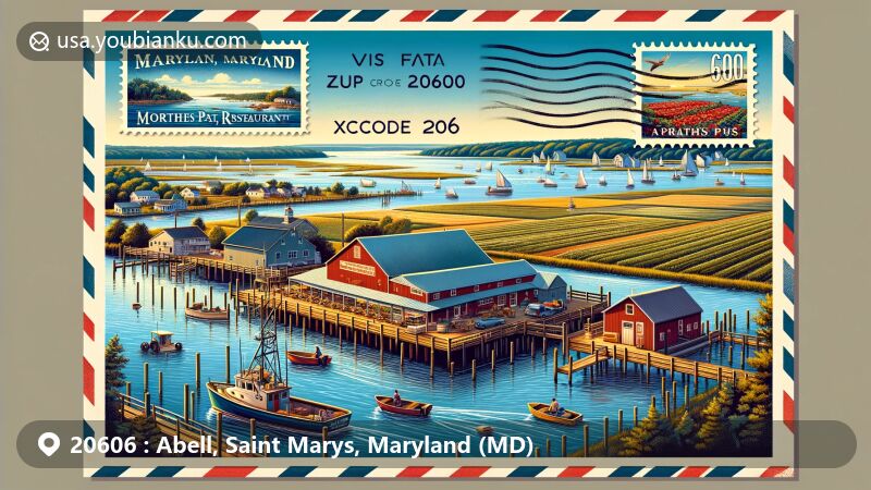 Modern illustration of Abell, Saint Marys County, Maryland, with ZIP code 20606, showcasing fishing and farming history, St. Clements Bay scenic views, and Morris Point Restaurant symbolizing local hospitality and culinary traditions.