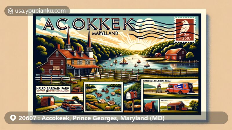 Modern illustration of Accokeek, Maryland, showcasing postal theme with ZIP code 20607, featuring Hard Bargain Farm and National Colonial Farm against the backdrop of the Potomac River.