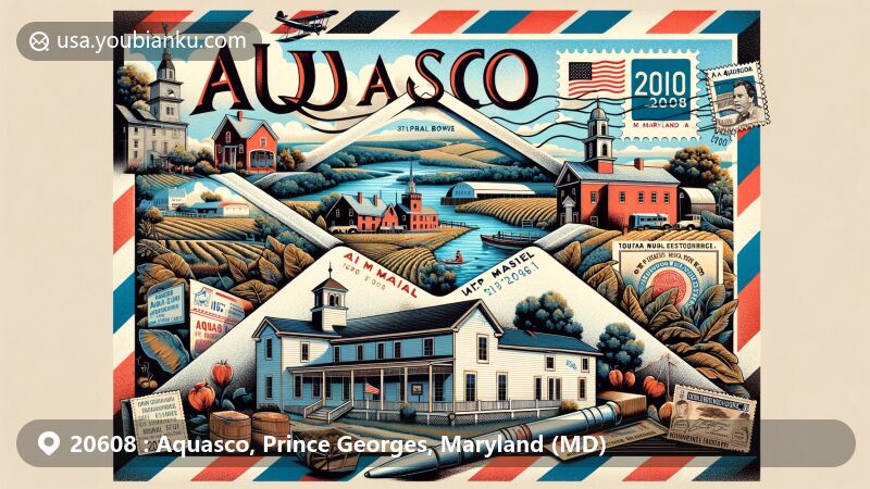 Modern illustration of Aquasco, Maryland, depicting postal theme with vintage air mail envelope and ZIP code 20608, featuring P.A. Bowen Farmstead, St. Mary's Episcopal Church, and Aquasco Farm.