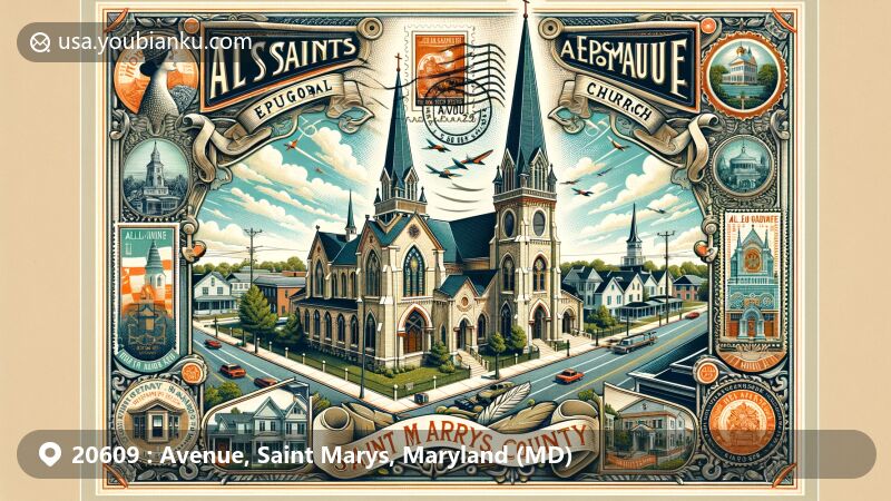 Modern illustration of Avenue, Saint Marys County, Maryland, capturing the essence of postal code 20609, featuring All Saints Episcopal Church and local landmarks.