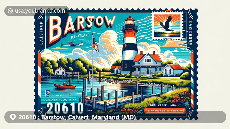 Modern illustration of Barstow, Maryland, showcasing postal theme with ZIP code 20610, featuring Cove Point Lighthouse, Drum Point Lighthouse, and Battle Creek Cypress Swamp Nature Sanctuary.