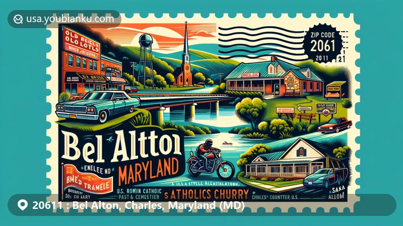 Modern illustration of Bel Alton, Charles County, Maryland, featuring blend of modern and historical landmarks such as old-style motels, biker tavern, U.S. Route 301, scenic bluff by Potomac River near St. Ignatius Church, and rural charm, designed as creative postcard with postal elements like ZIP Code 20611 stamp and mailbox.