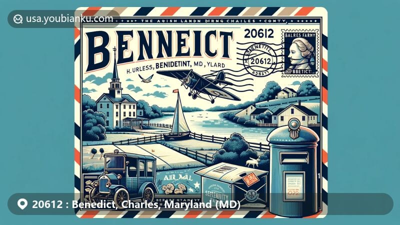 Modern illustration of Benedict, Charles County, Maryland, featuring postal theme with ZIP code 20612, showcasing Patuxent River, Serenity Farm, historical British Army landing, stamp, postmark, and postal elements.