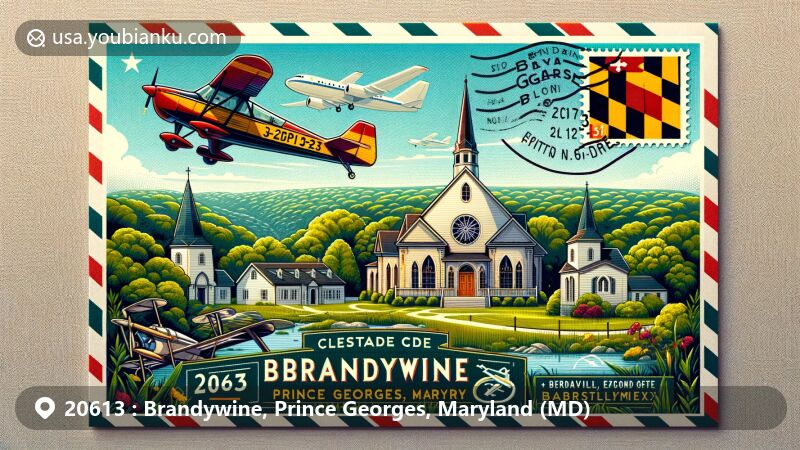 Modern illustration of Brandywine, Prince Georges, Maryland, featuring Maryland state flag, St. Paul's Episcopal Church, and Cedarville State Forest, presented as a postcard with aviation-themed envelope and ZIP code 20613.