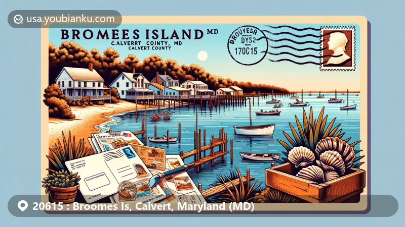 Modern illustration of Broomes Island, Maryland, capturing Patuxent River, oyster canning history, and serene waterway beauty, with postal theme featuring stamp, 'Broomes Island, MD 20615' mark, and envelope outline.