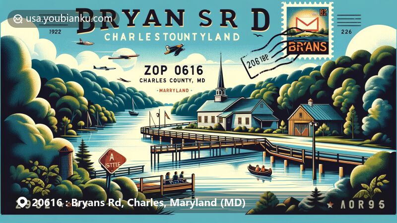 Modern illustration of Bryans Rd, Charles County, Maryland, highlighting natural beauty, historic sites like Thomas Stone NHS, and community spirit, featuring airmail envelope, postage stamp with ZIP code 20616, and Bryans Rd postmark.