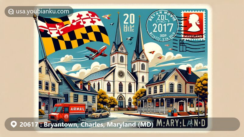 Modern illustration of Bryantown, Maryland, showcasing historic district, St. Mary's Catholic Church, and Maryland state flag, with airmail postcard theme centered around ZIP Code 20617.
