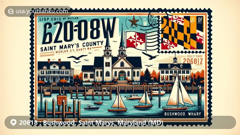 Modern illustration showcasing postal theme with ZIP code 20618, representing Bushwood area in St. Mary's County, Maryland, featuring Ocean Hall, Sacred Heart Catholic Church, and Bushwood Wharf.