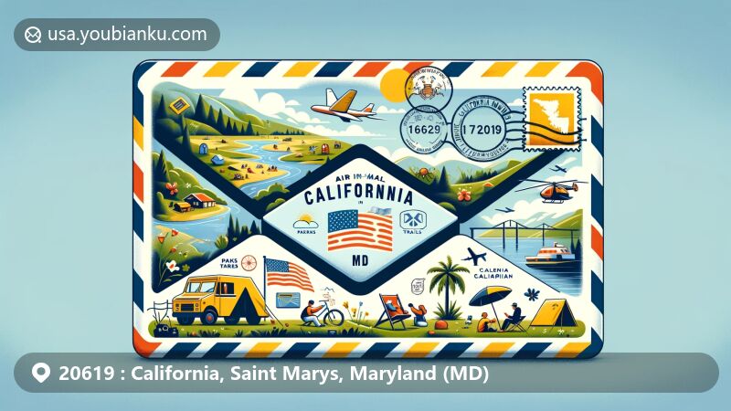 Modern illustration of California, MD, showcasing air mail envelope with map outline, Maryland state flag, and postal elements like stamps and postmark with ZIP code 20619.