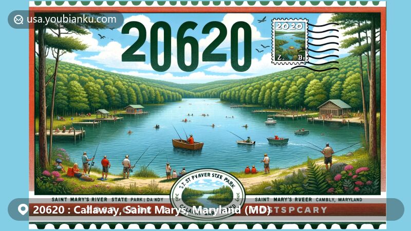 Modern illustration of ZIP code 20620, Callaway, Saint Marys, Maryland, featuring Saint Mary's River State Park with St. Mary's Lake, showcasing fishing, hiking, and picnicking activities amidst lush greenery, and postal theme with vintage postcard and stamp displaying ZIP code 20620.