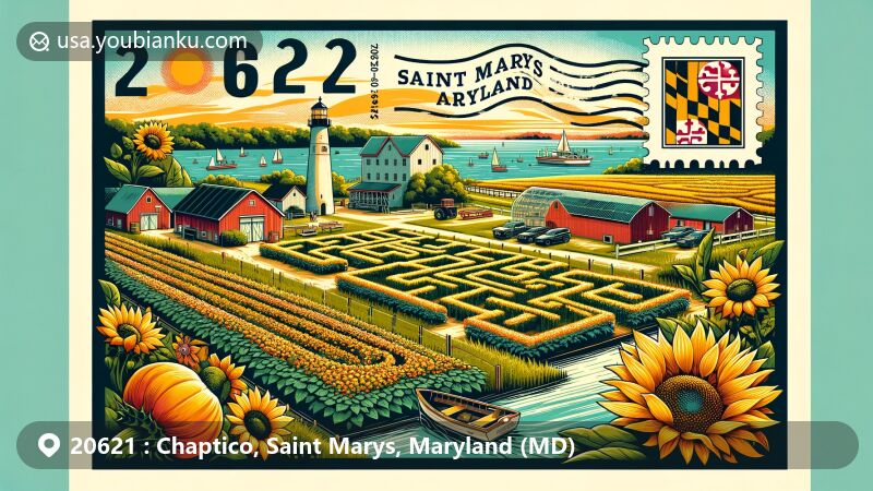 Modern illustration of Chaptico, Saint Marys, Maryland, celebrating ZIP code 20621 with vibrant sunflower mazes, Goldpetal Farms, Wicomico Shores Landing, and Maryland's landscapes and postal motifs.