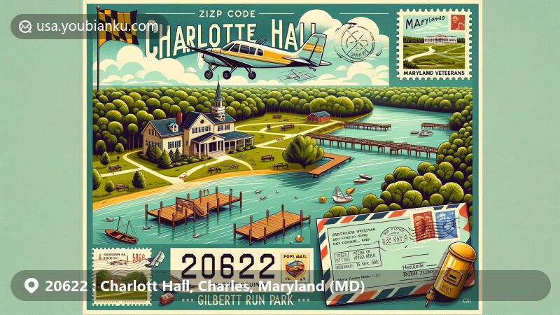 Modern illustration of Charlotte Hall, Charles County, Maryland, featuring Gilbert Run Park with wooded areas, nature trails, picnic spots, fishing piers, and a 60-acre freshwater lake, Maryland Veterans Home, elements of Maryland state flag and Charles County map. Framed in aviation-themed postcard with postal details like stamps, postmark '20622,' classic mailbox or postal van.