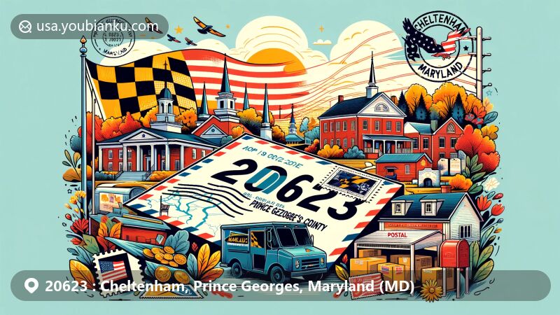 Modern illustration of Cheltenham, Prince George's County, Maryland, inspired by postal theme with ZIP code 20623, featuring Maryland state flag, landmarks like Cheltenham Veterans Cemetery and Cheltenham Park, and postal elements like stamps and vintage mail van.