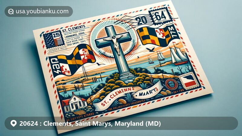 Modern illustration of Clements, Saint Marys, Maryland, blending postal theme with ZIP code 20624, featuring St. Clement's Island State Park and Maryland symbols.