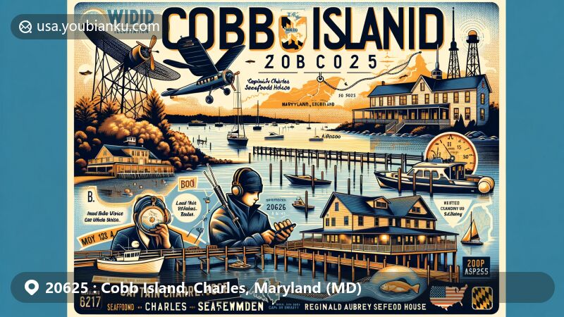 Modern illustration of Cobb Island, Maryland, featuring Potomac and Wicomico rivers confluence, Captain Charles Seafood House, and historical radio transmission site, with ZIP code 20625 and Maryland's outline.