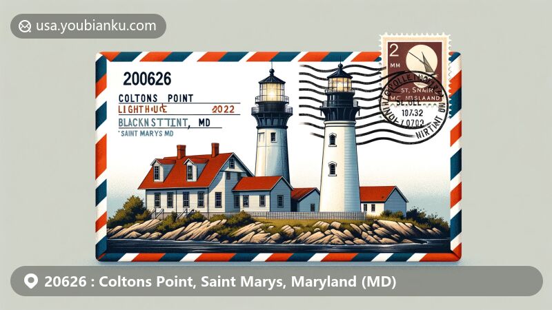 Modern illustration of Coltons Point and Blackistone Lighthouses on St. Clement's Island in Maryland, featuring airmail envelope with '20626' and 'Coltons Point, MD'. Postmark 'Saint Marys' and state flag elements.