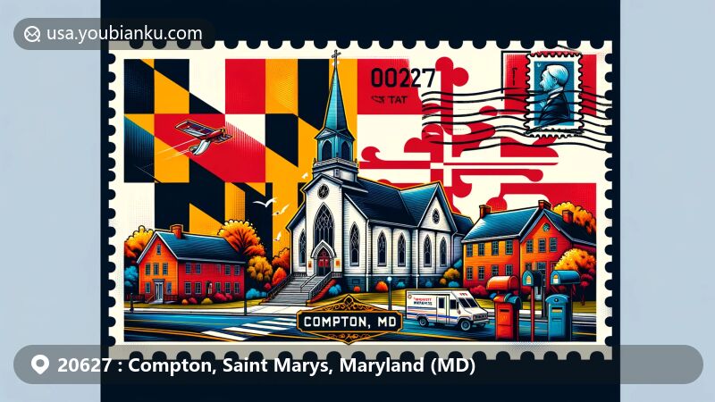 Modern illustration of Compton, Saint Marys County, Maryland, showcasing postal theme with ZIP code 20627, featuring St. Francis Xavier Church and Newtown Manor against Maryland state flag background.