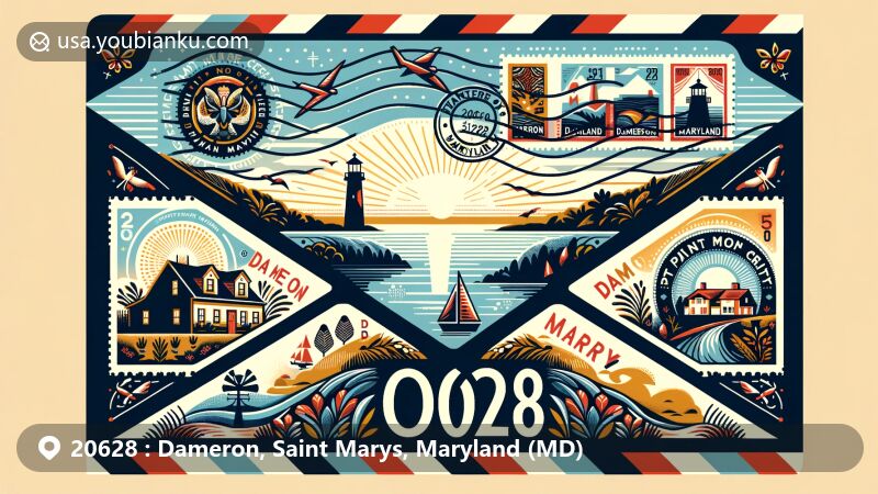 Modern illustration of Dameron, Maryland, showcasing postal theme with ZIP code 20628, featuring Saint Jerome Creek views and Point No Point Light Station.
