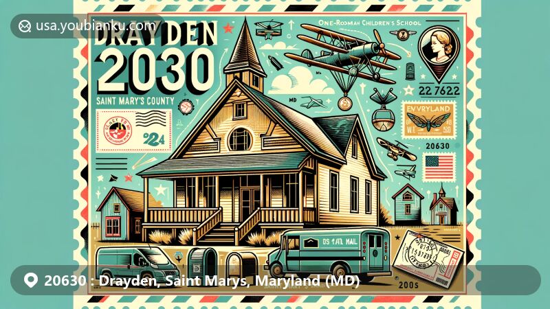 Modern illustration of Drayden, Saint Mary's County, Maryland, featuring vintage postcard design with Drayden Schoolhouse, historical African American school from the 1890s, and postal elements like stamp and postmark.