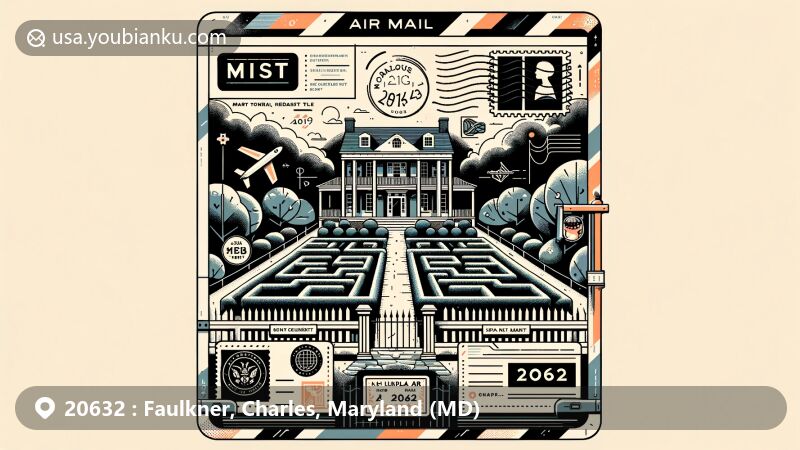 Modern illustration of Mount Air historic residence with box garden in Faulkner, Maryland, showcasing postal theme with ZIP code 20632, featuring postage envelope and stamps, along with symbols of Charles County, like the silhouette of Loyola Retreat Center, conveying historical significance and modern aesthetics.