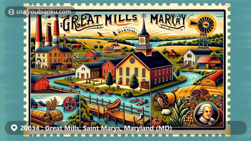 Modern illustration of Great Mills area, St. Mary's County, Maryland, featuring Great Mills High School, agricultural history, colonial elements, and natural landscapes, with nods to St. Mary's City and community life.
