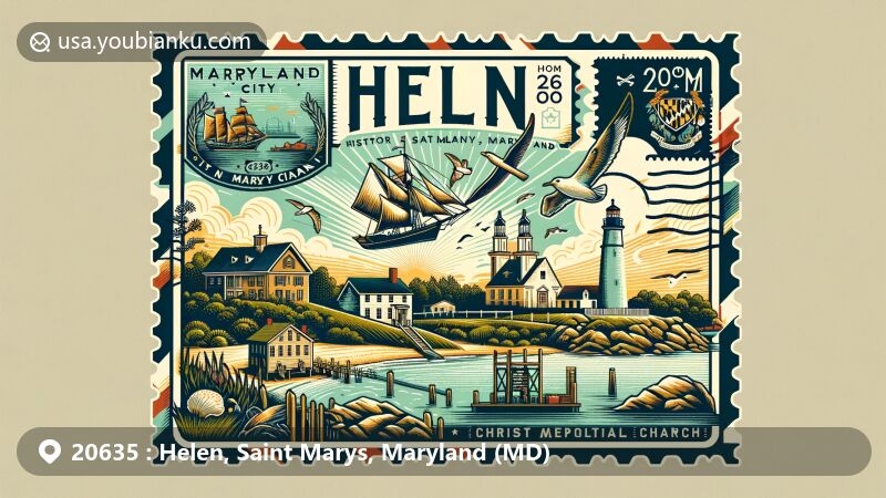 Contemporary illustration of Helen, Saint Marys County, Maryland, merging postal and regional elements, showcasing Historic St. Mary’s City, Dove tall-ship, Piney Point Coast Guard Light Station, and Christ Episcopal Church, with a stylized postal theme and ZIP code 20635.