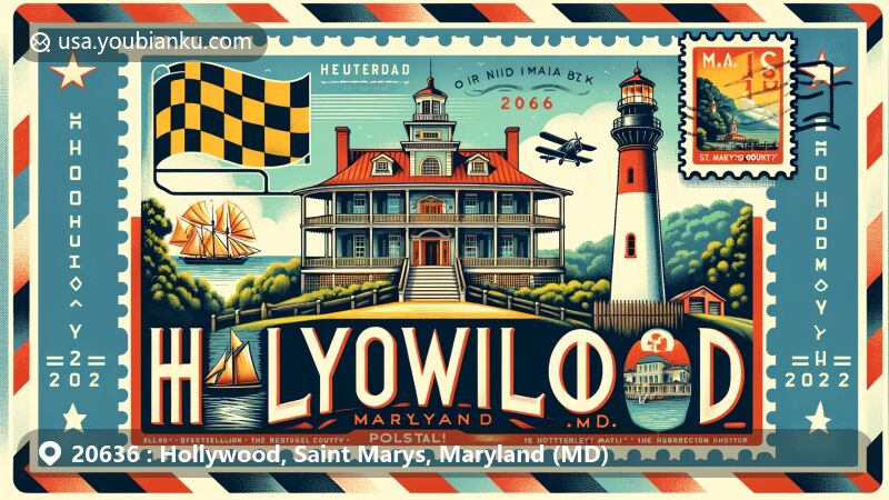 Modern illustration of Hollywood, Saint Marys County, Maryland, showcasing Sotterley Plantation, lighthouses, and Maryland state flag, with a postal theme including Resurrection Manor and ZIP code 20636.
