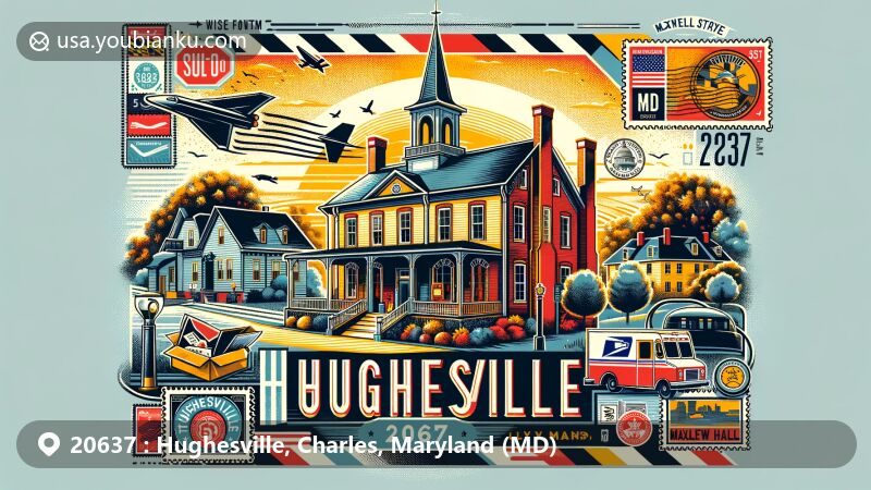 Modern illustration of Hughesville, Charles County, Maryland, showcasing postal theme with ZIP code 20637, featuring Truman's Place, Maxwell Hall, vintage airmail elements, and Maryland state flag.