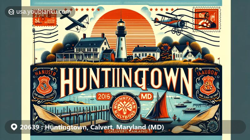 Modern illustration of Huntingtown, Calvert, Maryland, featuring ZIP code 20639, showcasing Kings Landing Park, Cove Point Lighthouse, and Drum Point Lighthouse, with retro-style postcard and Maryland state flag postage stamp.