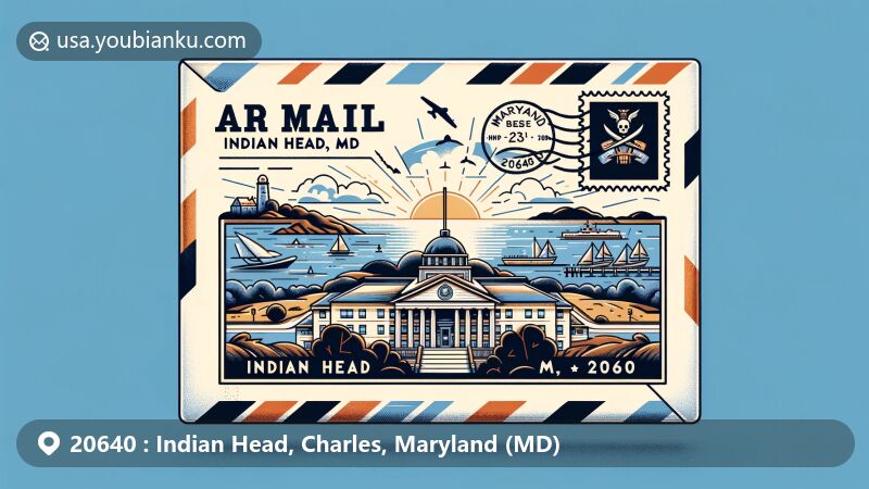 Creative illustration of Indian Head, Charles County, Maryland, featuring air mail envelope with ZIP code 20640, showcasing Chapman State Park and naval base icon, with Maryland state flag in the background.