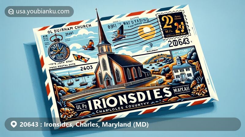 Modern illustration of Ironsides, Maryland, blending postal theme with ZIP code 20643, featuring Old Durham Church, Thomas Stone National Historic Site, Mallows Bay, Maryland state flag, and natural landscapes.