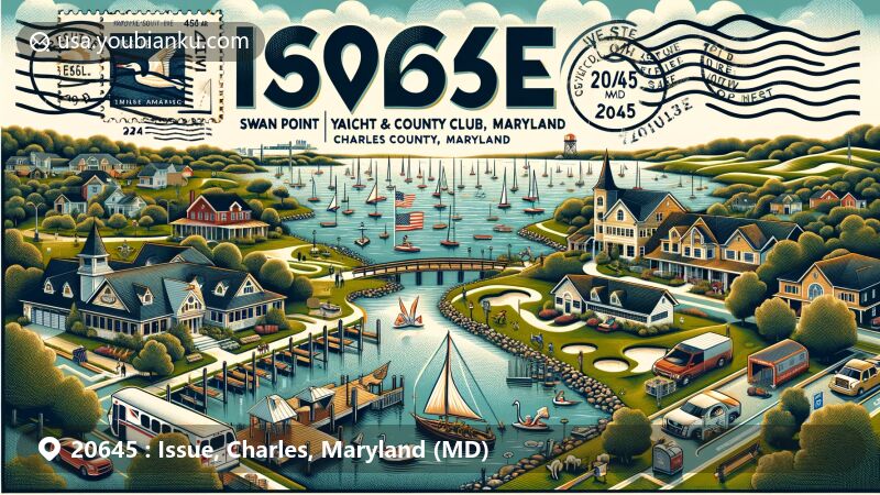Modern illustration of Issue, Charles County, Maryland, featuring Swan Point Yacht & Country Club, waterfront views, and suburban lifestyle elements, with vintage postal theme showcasing local charm and Maryland state flag.