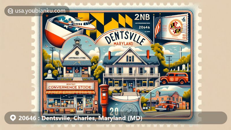 Modern illustration of Dentsville, Charles County, Maryland, showcasing postal theme with ZIP code 20646, featuring historic convenience store, Dentsville Rescue Squad, cemeteries, and Maryland state symbols.