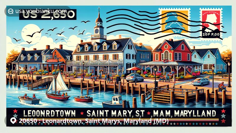 Modern illustration of Leonardtown, Saint Marys, Maryland, representing ZIP code 20650 with landmarks like Tudor Hall, Old Jail Museum, and Leonardtown Wharf, capturing Southern Coastal Cuisine influence and quaint town square ambiance with a water trail along Breton Bay.