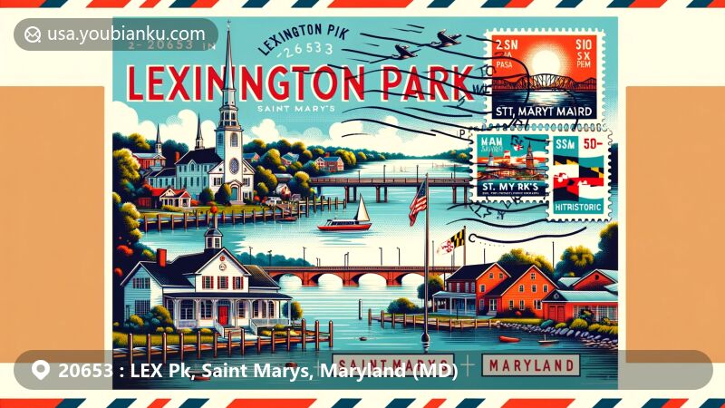 Modern illustration of LEX Pk, Saint Marys County, Maryland, showcasing scenic St. Mary's River, historic St. Mary's City elements, and Maryland state flag design, in a postcard layout with stamps and postmarks for ZIP code 20653.