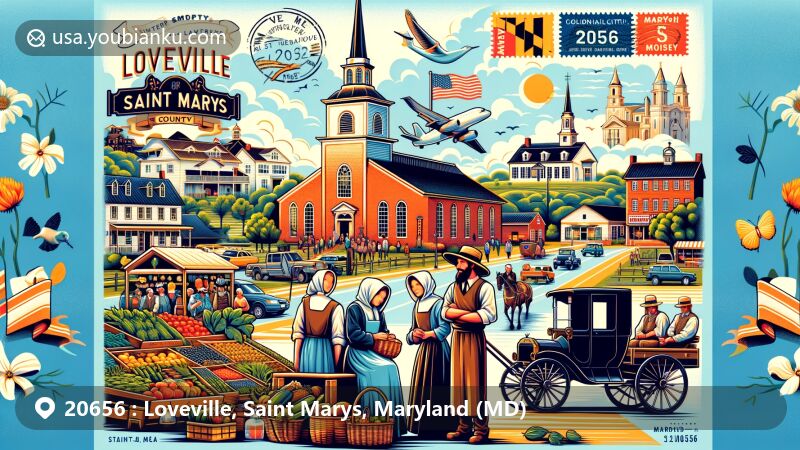 Modern illustration of Loveville, Saint Marys County, Maryland, emphasizing Mennonite farmers' market, Amish buggy, and Historic St. Mary’s City, featuring Maryland state flag, airmail elements, and ZIP code 20656.