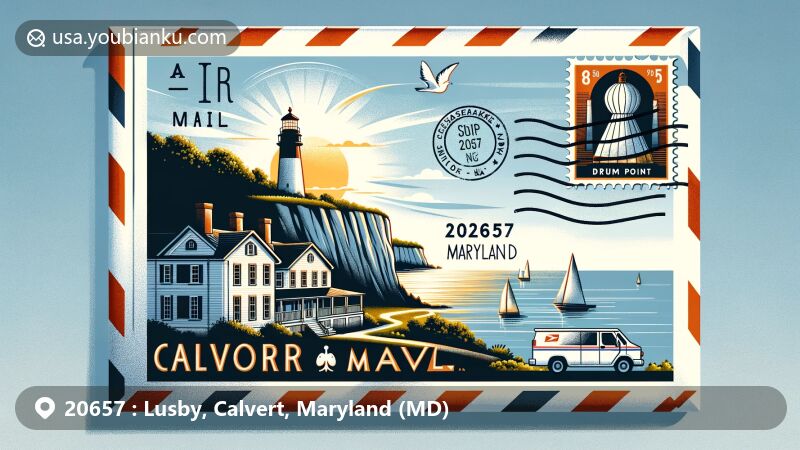 Modern illustration of Lusby, Calvert County, Maryland, capturing the postal theme with ZIP code 20657, featuring Calvert Cliffs State Park, Drum Point Lighthouse, Chesapeake Bay, and mail-related elements.