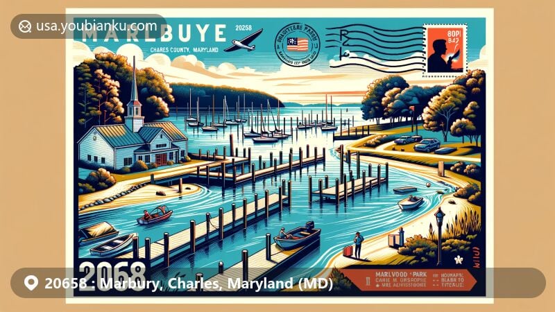 Modern illustration of Marbury, Charles County, Maryland, with ZIP code 20658, showcasing Smallwood State Park, featuring a marina, boat launching ramps, and nature trails, creatively integrated into a postal theme with Chesapeake Bay backdrop.