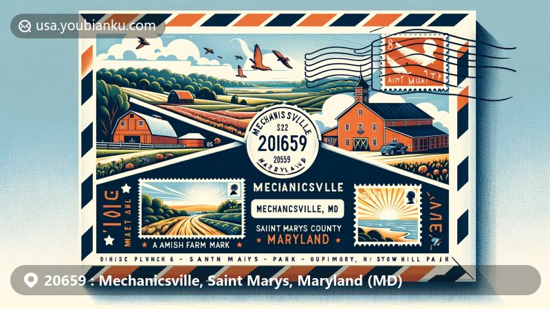 Modern illustration of Mechanicsville, Maryland, featuring airmail envelope with postcard showing Amish farm market, Snow Hill Park scenery, outdoor activities, and beach scenes. Envelope adorned with stamps and postmark, highlighting map outlines of Mechanicsville and Saint Marys County, along with '20659' ZIP Code.