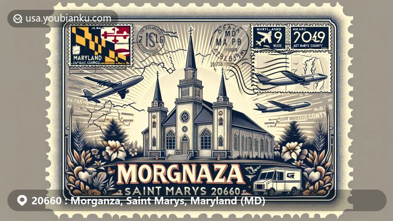 Modern illustration of Morganza, Maryland, Saint Marys County, showcasing postal theme with ZIP code 20660, featuring Saint Joseph Catholic Church and vintage air mail envelope.