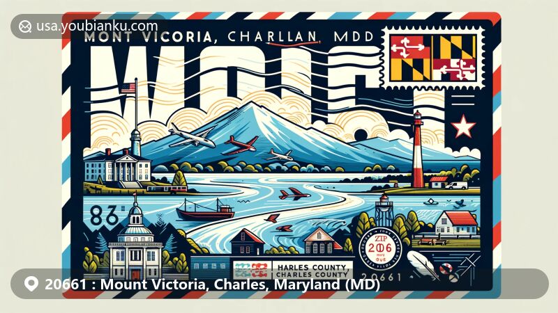 Modern illustration of Mount Victoria, Charles County, Maryland, showcasing postal theme with ZIP code 20661, featuring unique landscape between Wicomico and Potomac Rivers, including elements representing Charles County and Maryland state symbols.