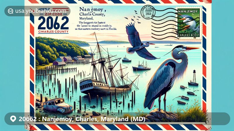 Modern illustration of Nanjemoy, Charles County, Maryland, showcasing the ghost fleet of Mallows Bay, a symbol of maritime heritage, framed by a vintage air mail envelope with postage stamp featuring a great blue heron representing the largest rookery in the eastern U.S. north of Florida.