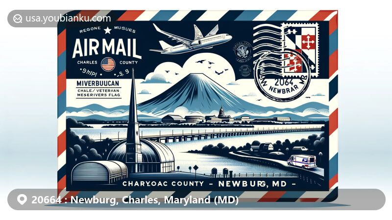 Modern illustration of Newburg, Charles County, Maryland, highlighting postal theme with ZIP code 20664, featuring Potomac River, Mount Republican, and Maryland Veterans Museum.