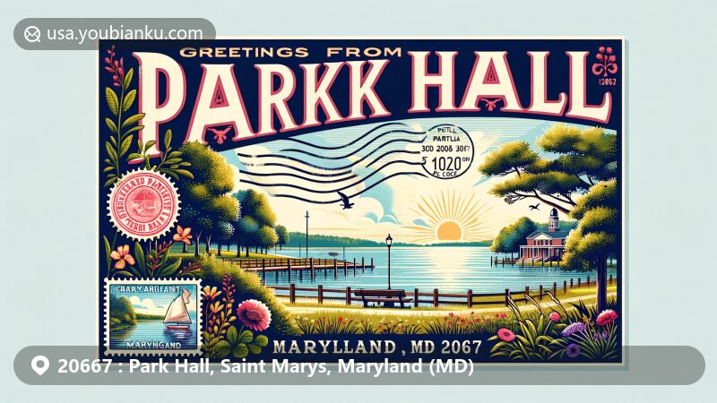 Modern illustration of Park Hall, Saint Marys County, Maryland, showcasing postal theme with ZIP code 20667, featuring Chesapeake Bay and serene small town lifestyle.