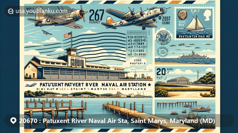 Modern illustration of Patuxent River Naval Air Station, ZIP Code 20670, Saint Marys, Maryland, featuring vintage airplanes, iconic hangars, Chesapeake Bay backdrop, and postal theme with vintage postcard design and traditional motifs.